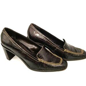 ITALIAN ANTONIO MELANI BROWN ALLIGATOR PATTERNED LEATHER LOAFERS WITH 2.5" HEEL